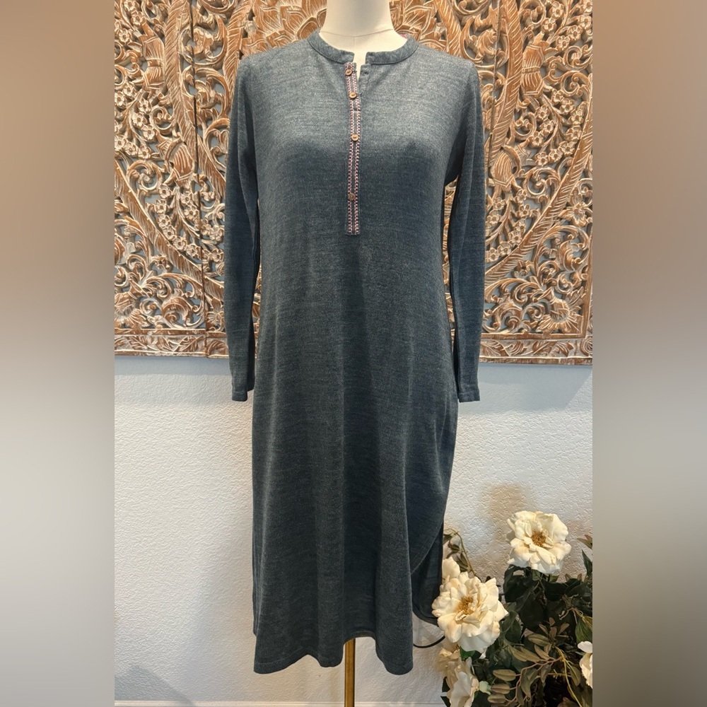 Aurelia Steel Blue Floral Embroidered Back Bohemian Warm Midi Sweater Dress - Picture 2 of 16